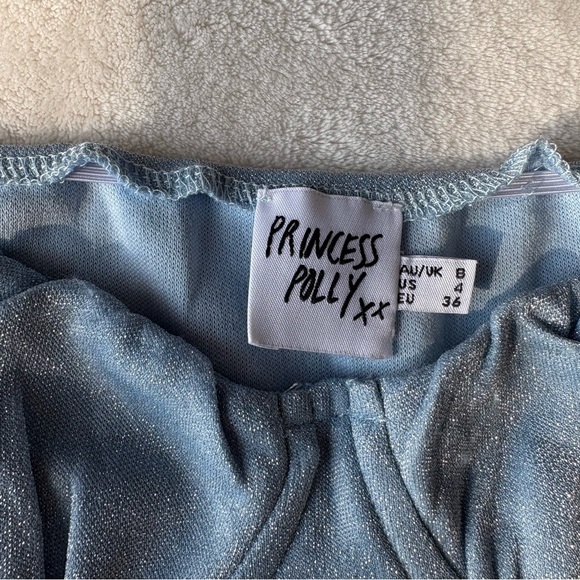 Princess Polly | 4 | Blue Silver Sparkle Long Sleeve Halter Neck Tie Mini Dress - Picture 5 of 13